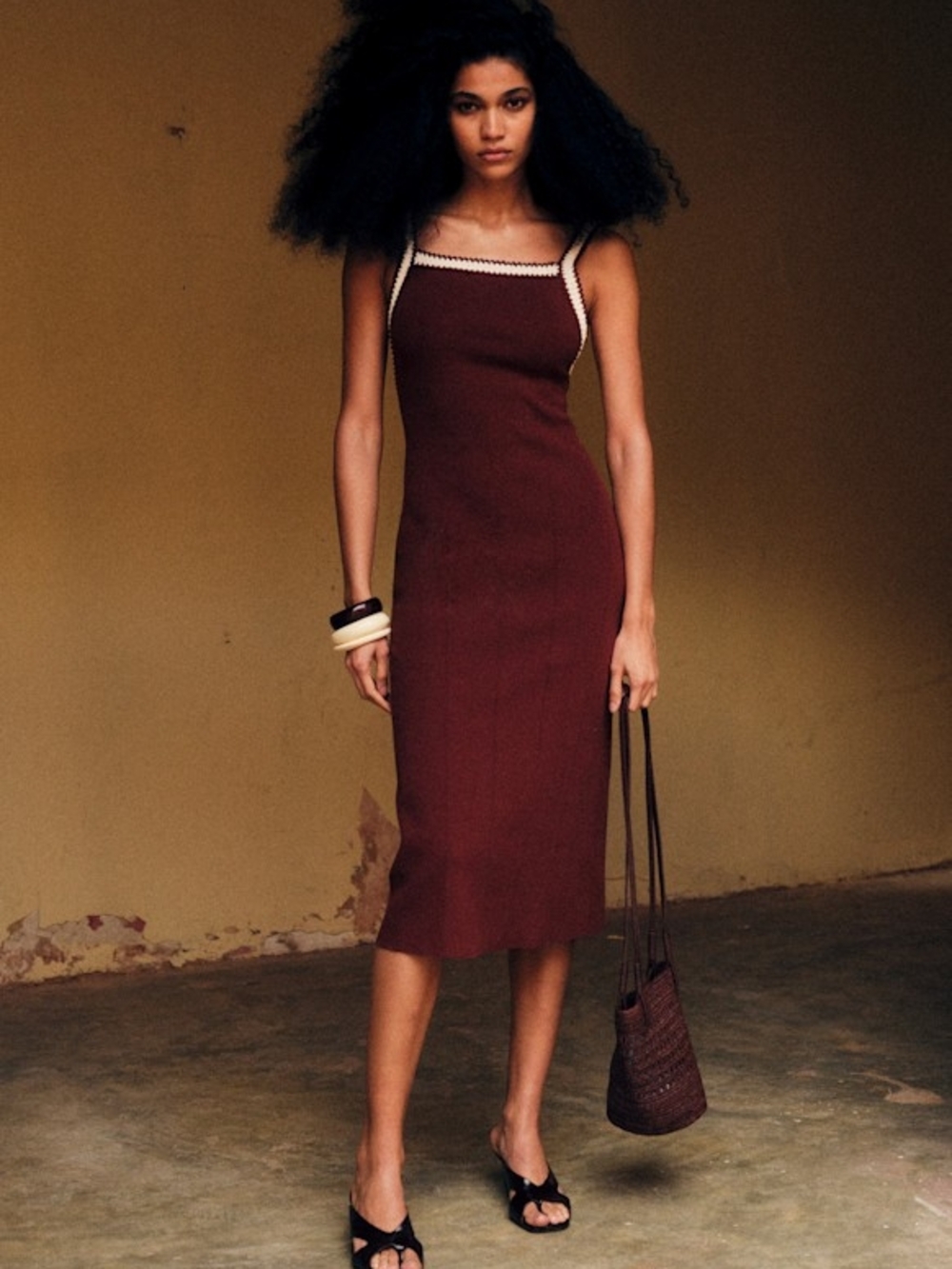 Sezane Mona Knit Crochet Midi Dress